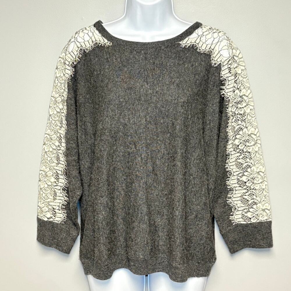J. Crew Wool Blend Lace Sleeve Feminine Heather Grey Sweater Womens Sz M